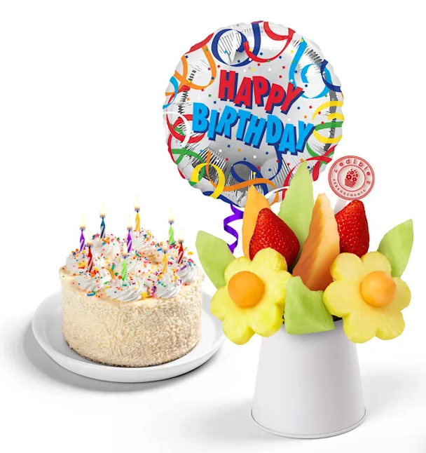 Happy Birthday Cake and Fruit Bouquet Bundle